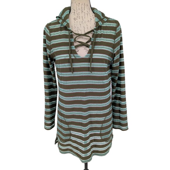 prAna Pull Over Top Small Brown Aqua Mesh Organic Cotton Hooded - Picture 1 of 14